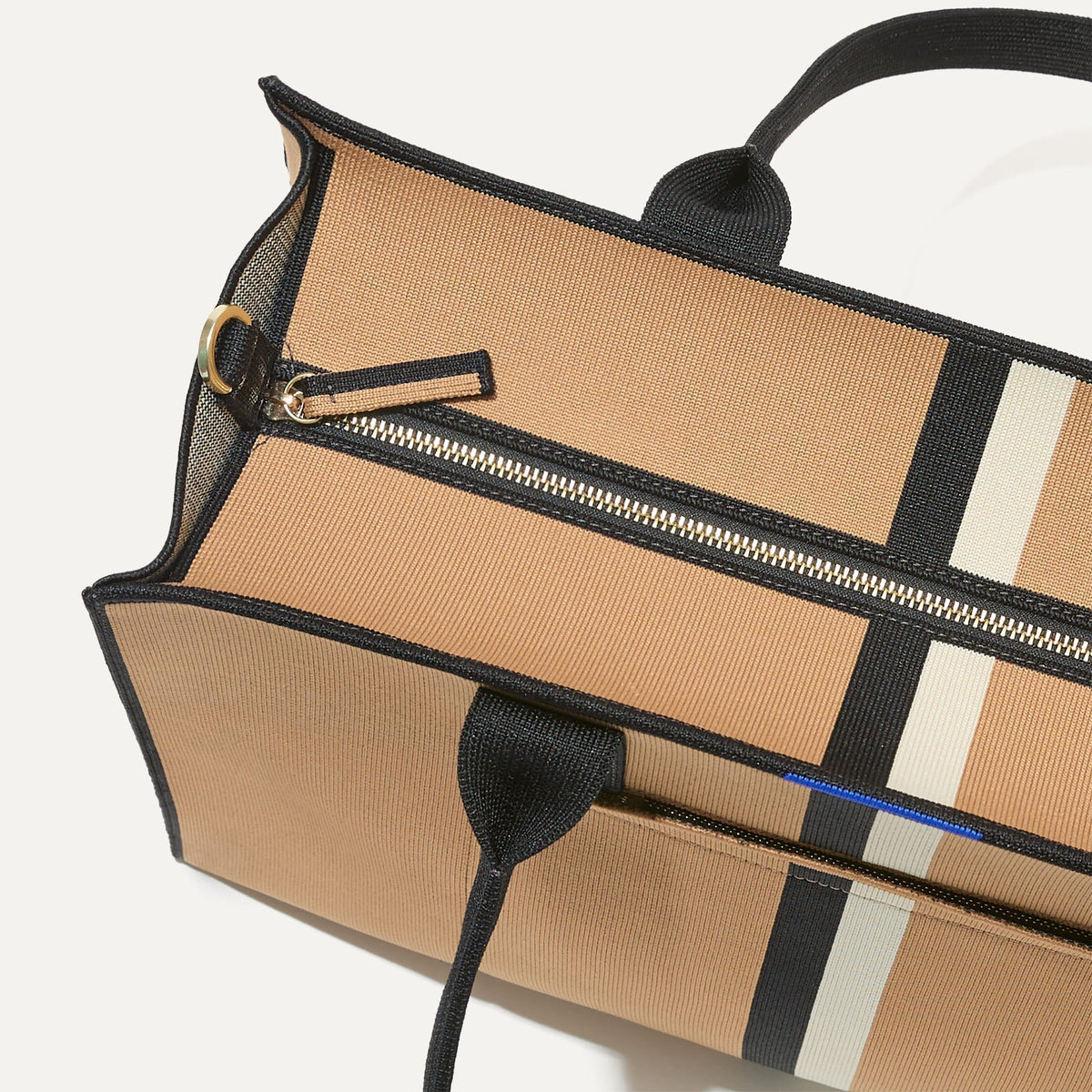 The Classic Tote in Grand Piano, shown from above, with the top zipper closed.