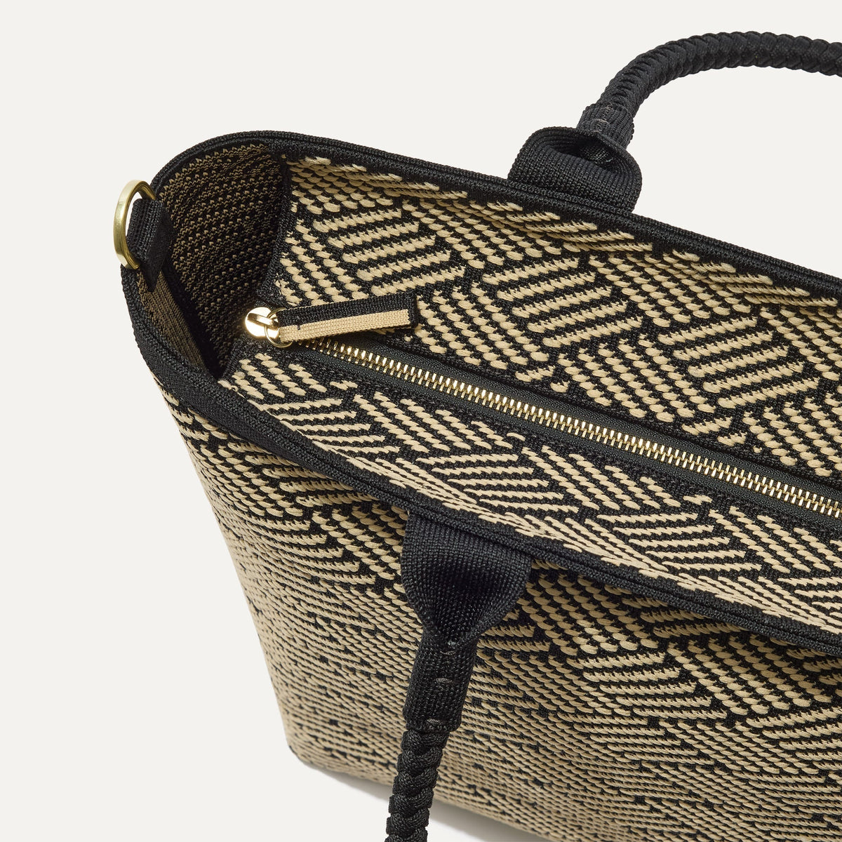 The Lightweight Zip Tote in Polar Zig Zag, focusing on the zip closure and handles