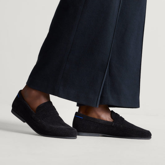 hover | Model wearing The Ravello Penny Loafer in Revelvet Black.