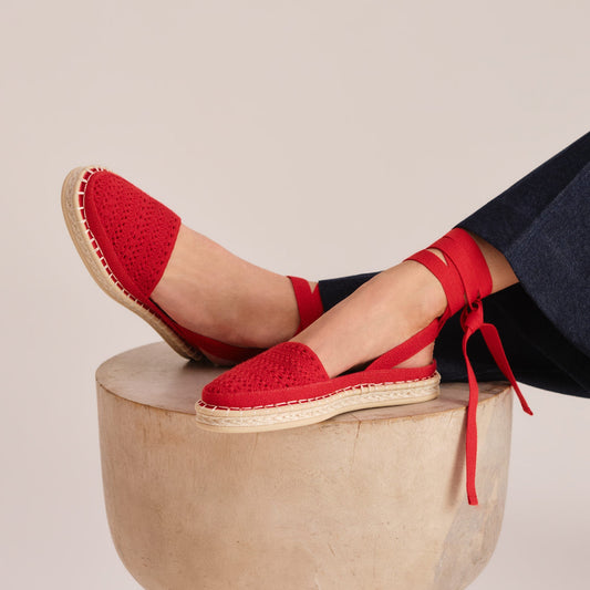 hover | Model wearing The D'Orsay Espadrille in Bright Red Crochet.