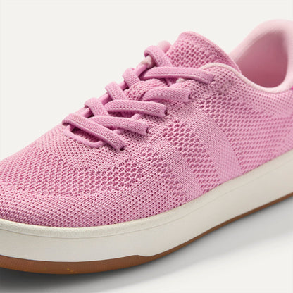 Overlay::Stretchy, No-Tie Laces | Alt:: Close up of the vamp and laces of The Kids Stretch Sneaker in Bubble Pop.