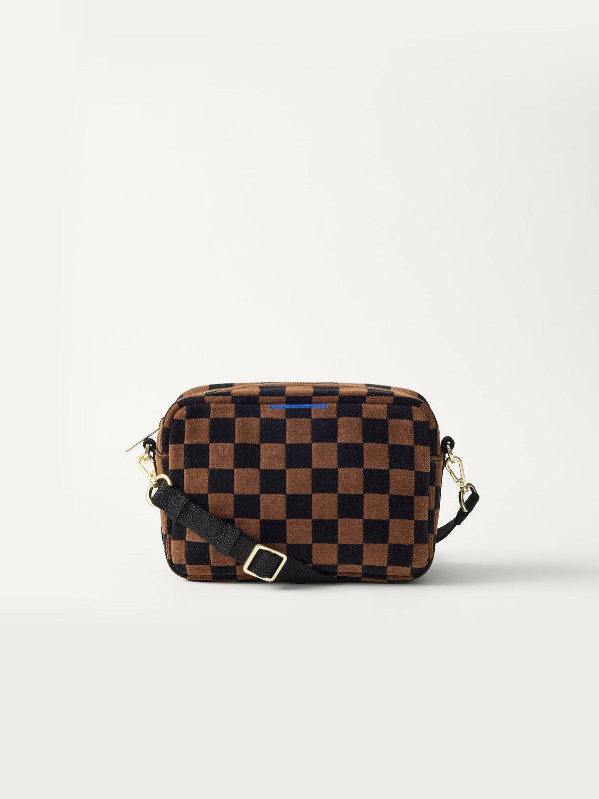 PLP | The Crossbody Camera Bag in ReVelvet™ Umber Check, shown from the front.