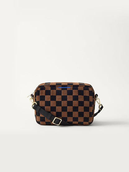 PLP | The Crossbody Camera Bag in ReVelvet™ Umber Check, shown from the front.